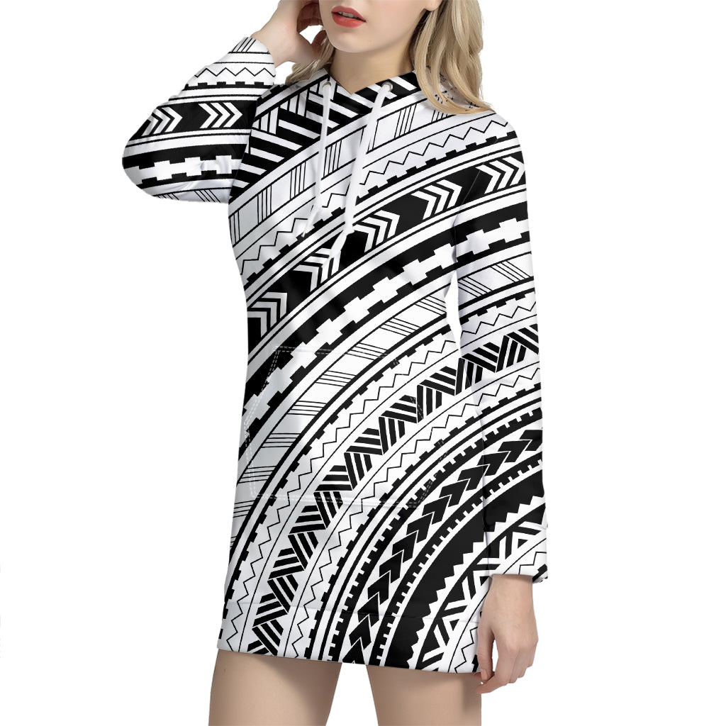 Black And White Maori Polynesian Print Hoodie Dress