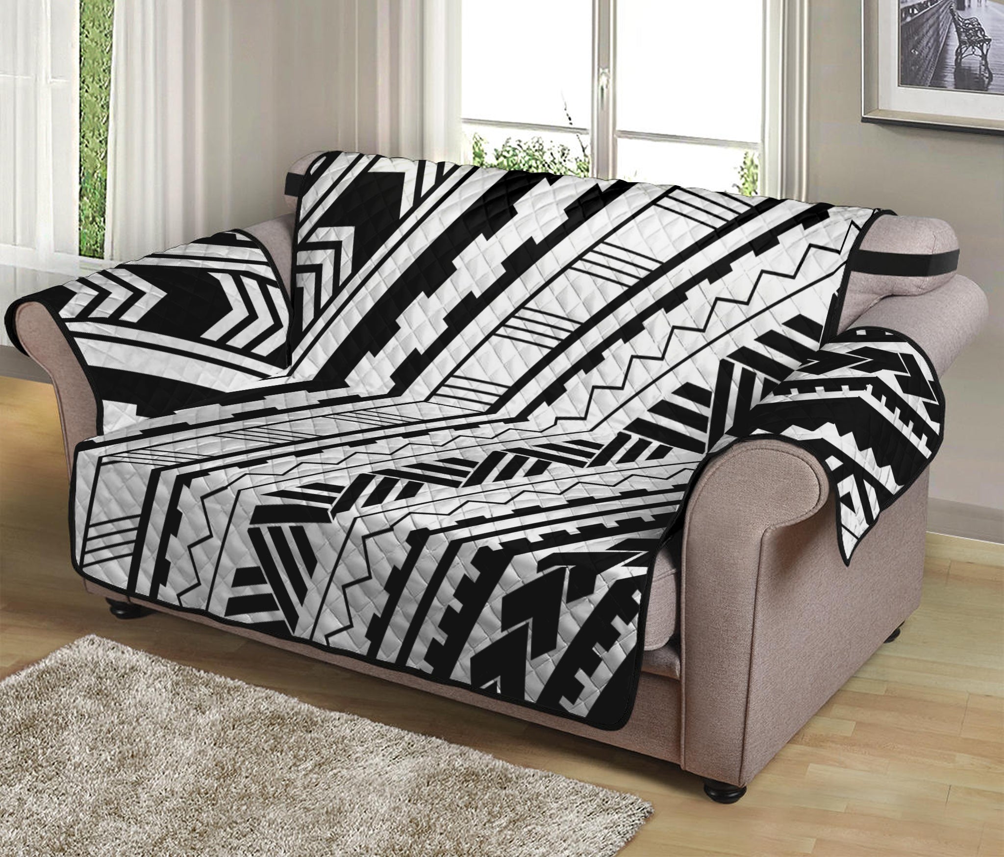 Black And White Maori Polynesian Print Loveseat Protector