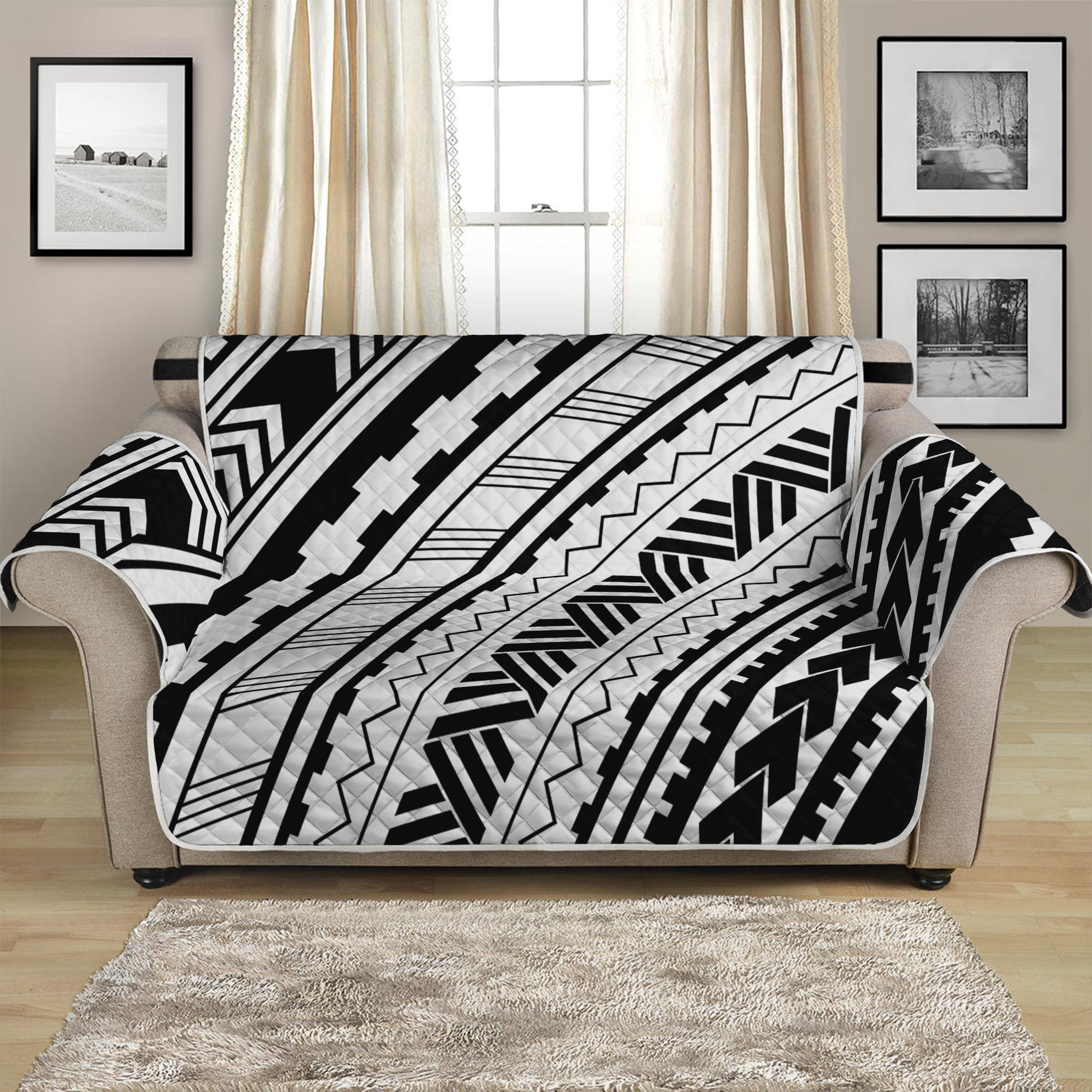 Black And White Maori Polynesian Print Loveseat Protector