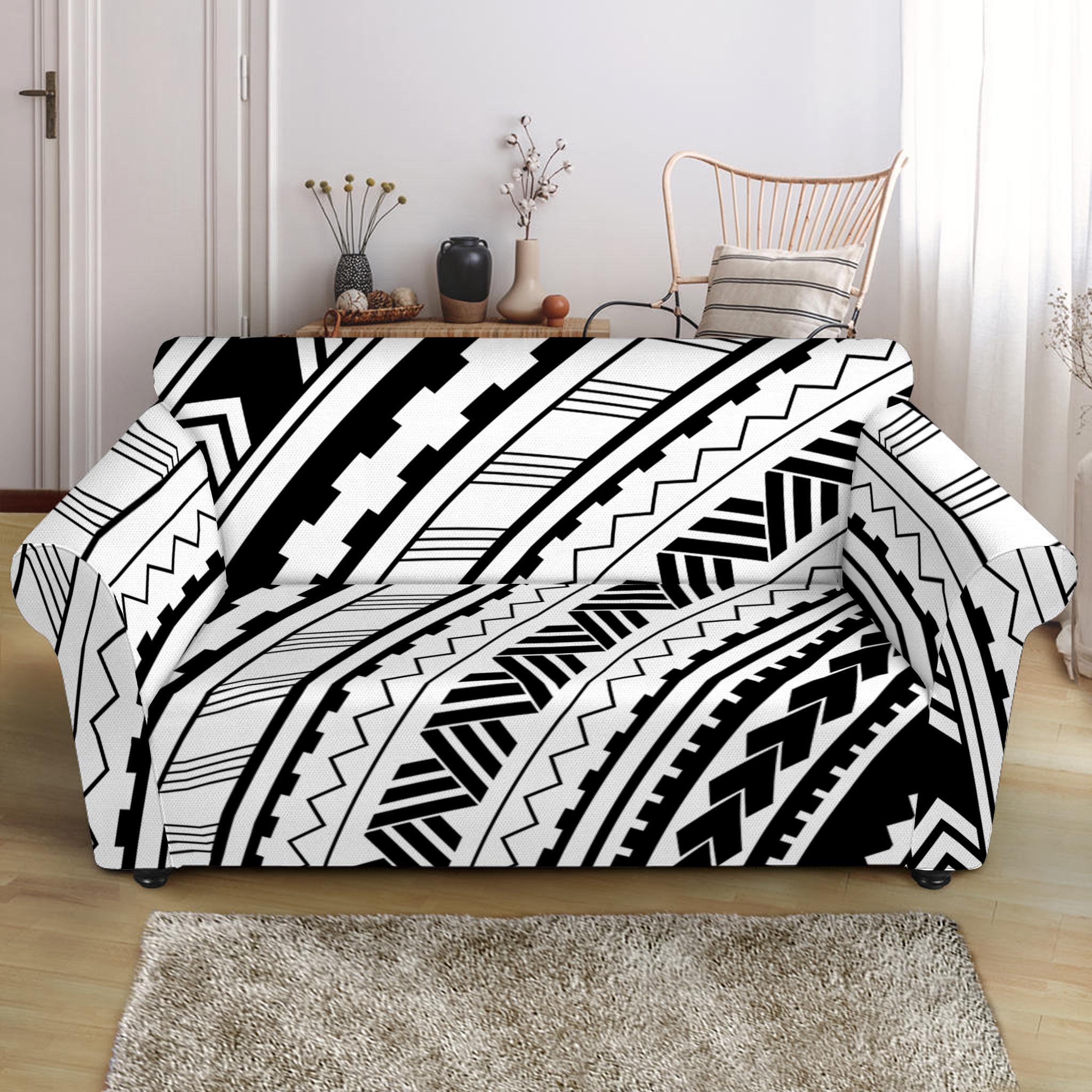 Black And White Maori Polynesian Print Loveseat Slipcover