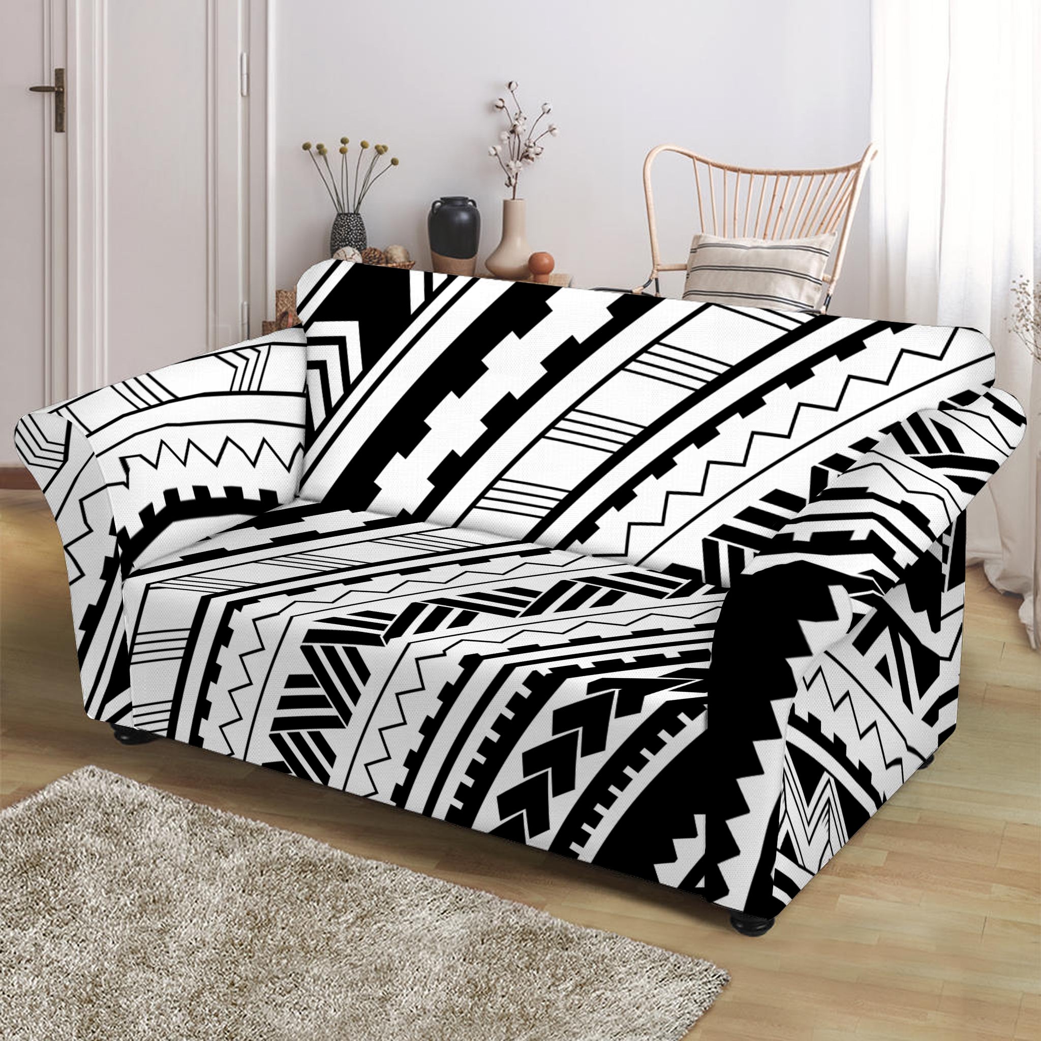 Black And White Maori Polynesian Print Loveseat Slipcover