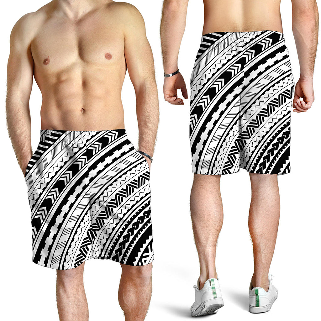 Black And White Maori Polynesian Print Men's Shorts