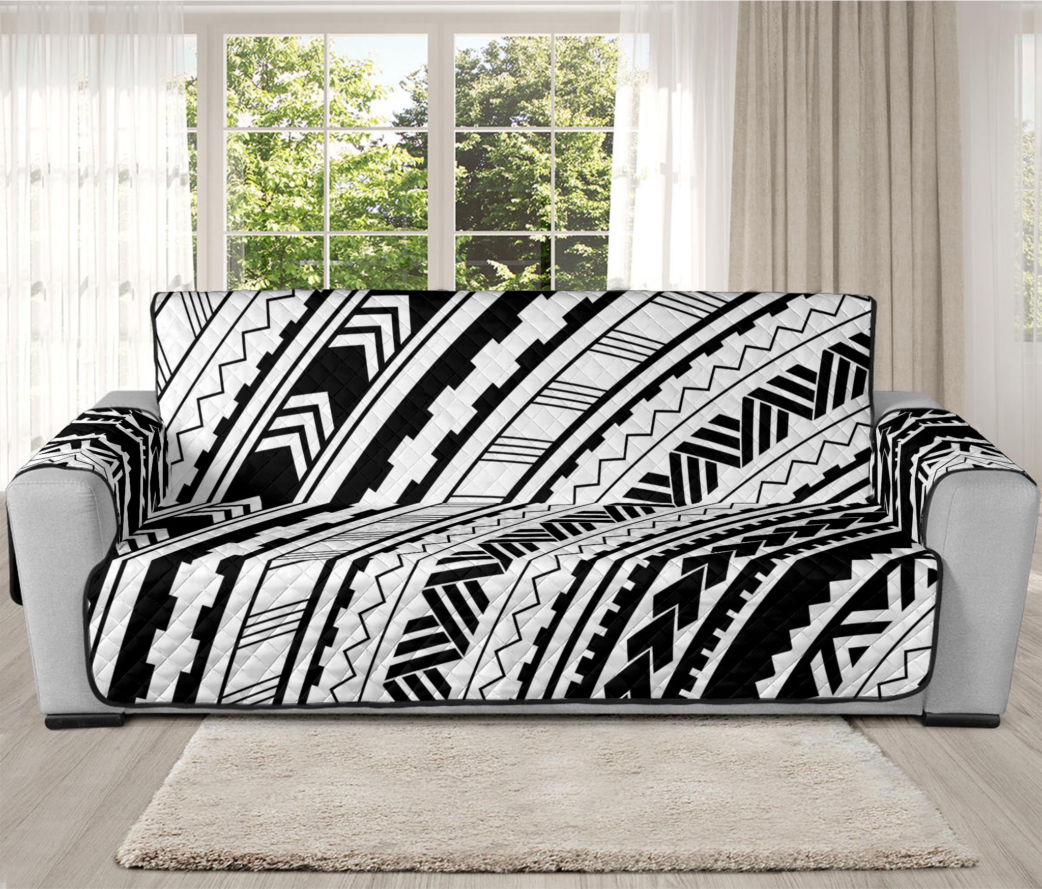 Black And White Maori Polynesian Print Oversized Sofa Protector