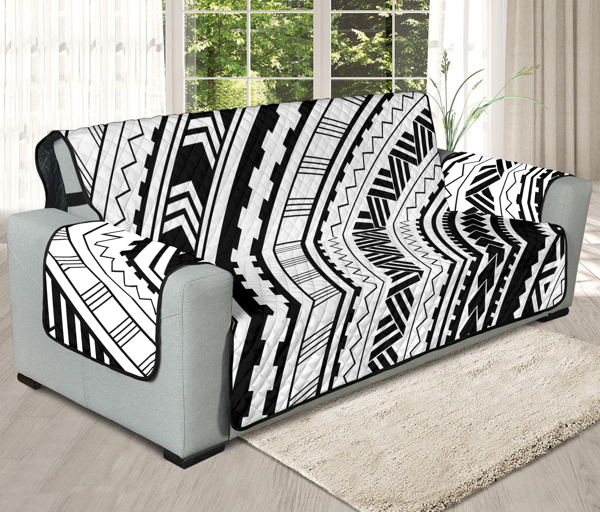 Black And White Maori Polynesian Print Oversized Sofa Protector