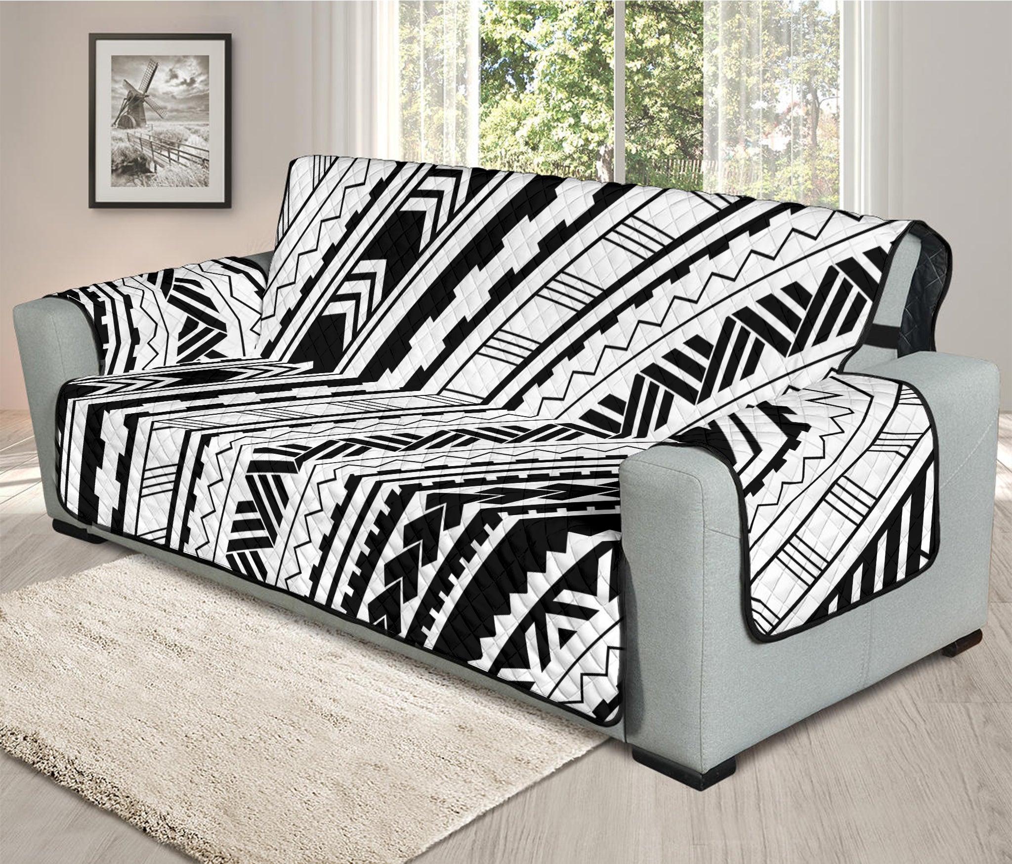 Black And White Maori Polynesian Print Oversized Sofa Protector