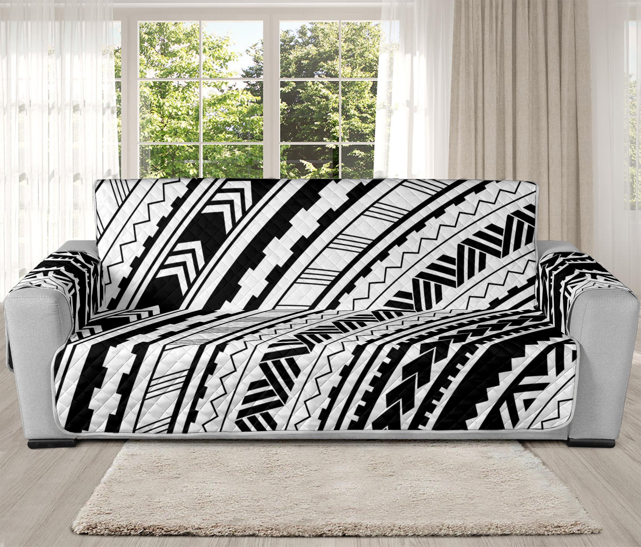 Black And White Maori Polynesian Print Oversized Sofa Protector