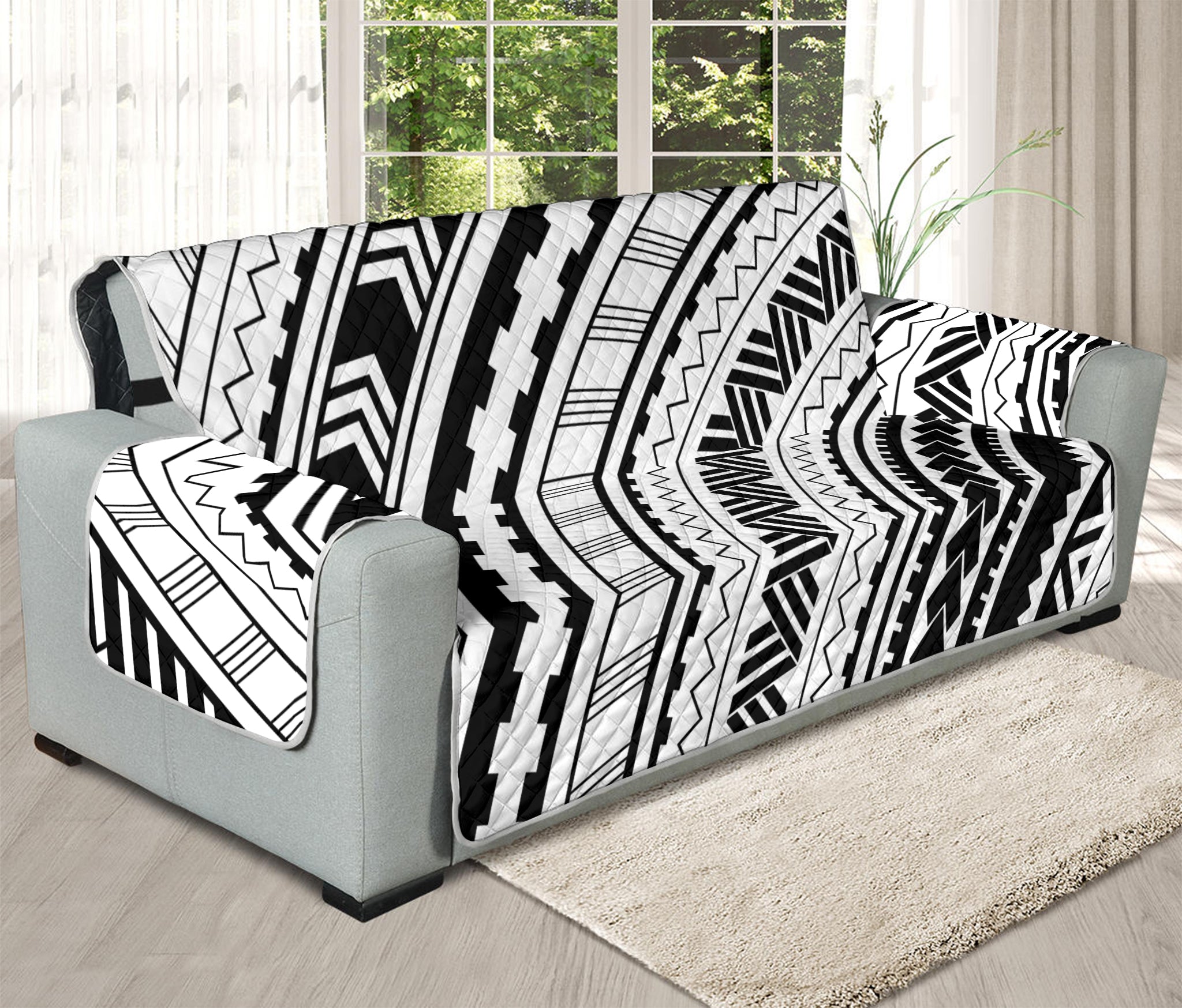 Black And White Maori Polynesian Print Oversized Sofa Protector