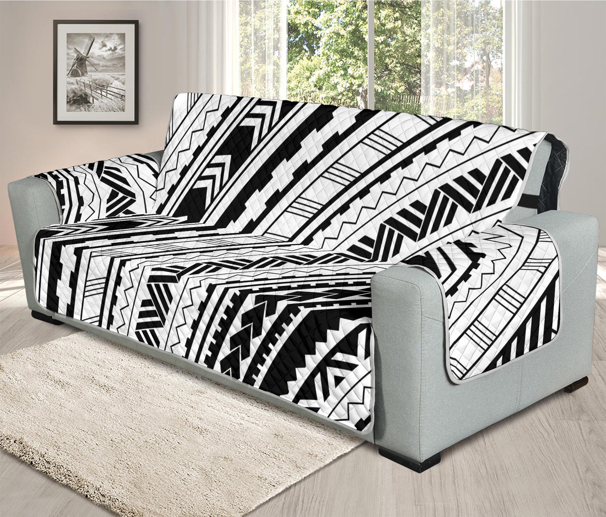 Black And White Maori Polynesian Print Oversized Sofa Protector