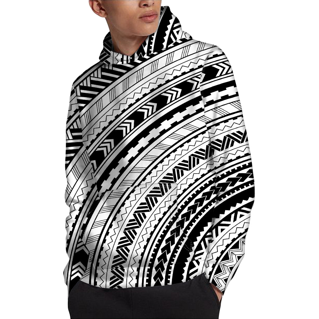 Black And White Maori Polynesian Print Pullover Hoodie