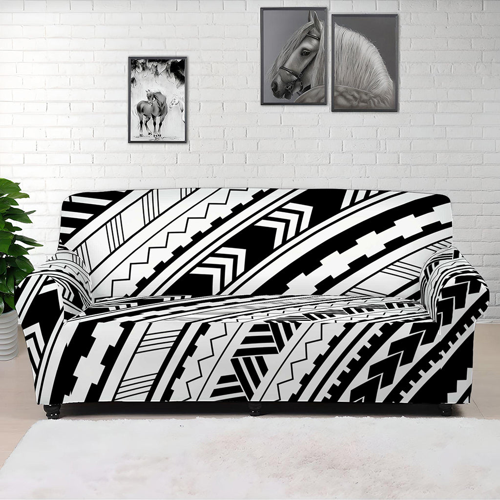 Black And White Maori Polynesian Print Sofa Cover