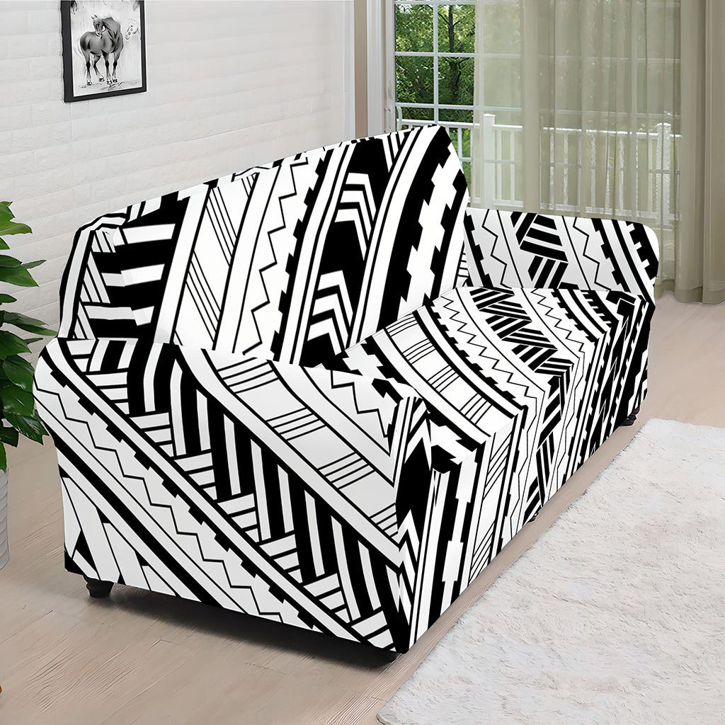 Black And White Maori Polynesian Print Sofa Cover
