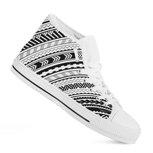 Black And White Maori Polynesian Print White High Top Shoes