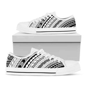 Black And White Maori Polynesian Print White Low Top Shoes