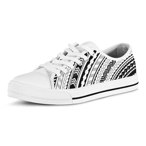 Black And White Maori Polynesian Print White Low Top Shoes