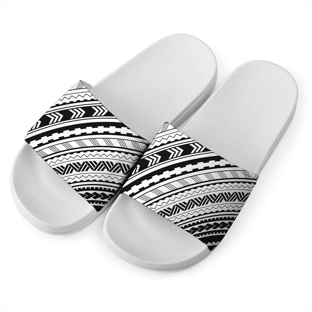 Black And White Maori Polynesian Print White Slide Sandals