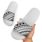 Black And White Maori Polynesian Print White Slide Sandals