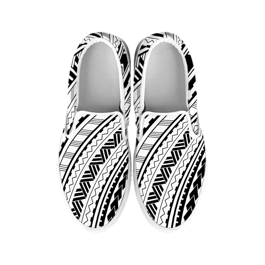 Black And White Maori Polynesian Print White Slip On Shoes