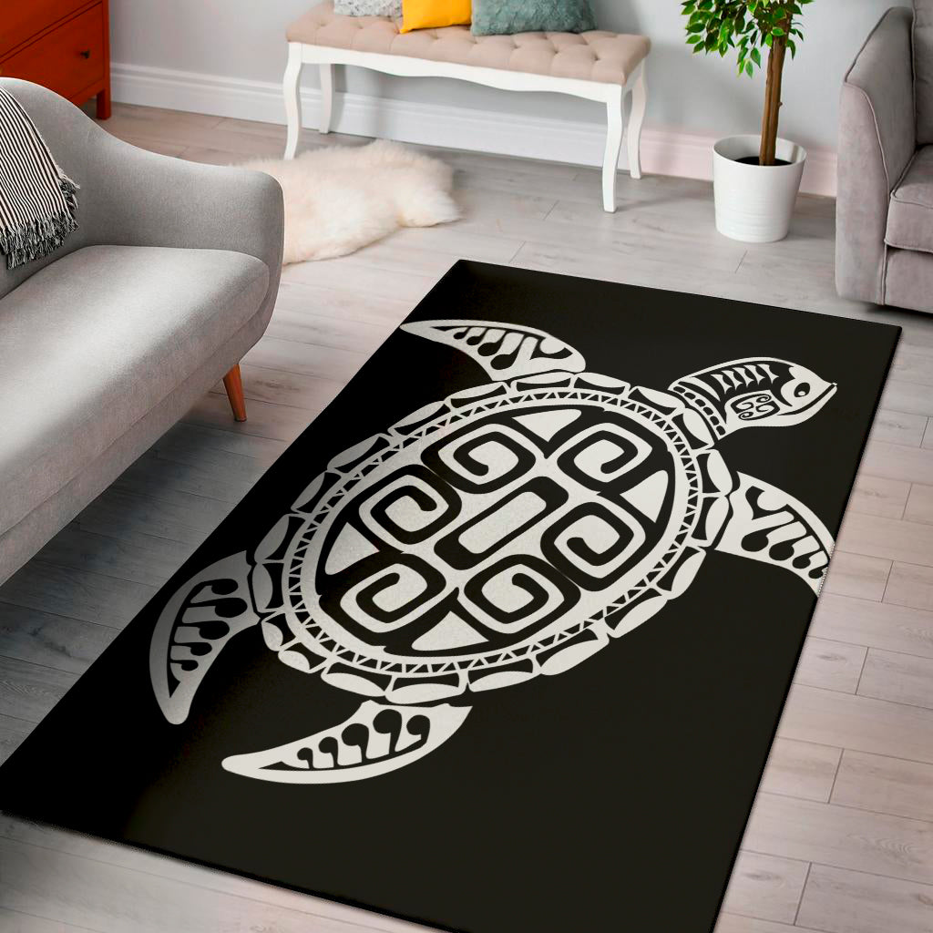 Black And White Maori Sea Turtle Print Area Rug