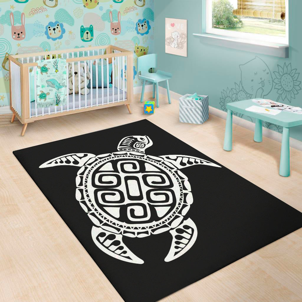 Black And White Maori Sea Turtle Print Area Rug