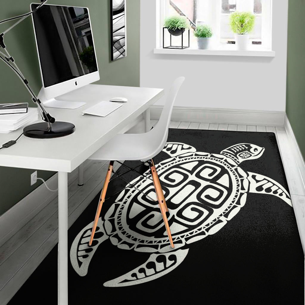 Black And White Maori Sea Turtle Print Area Rug