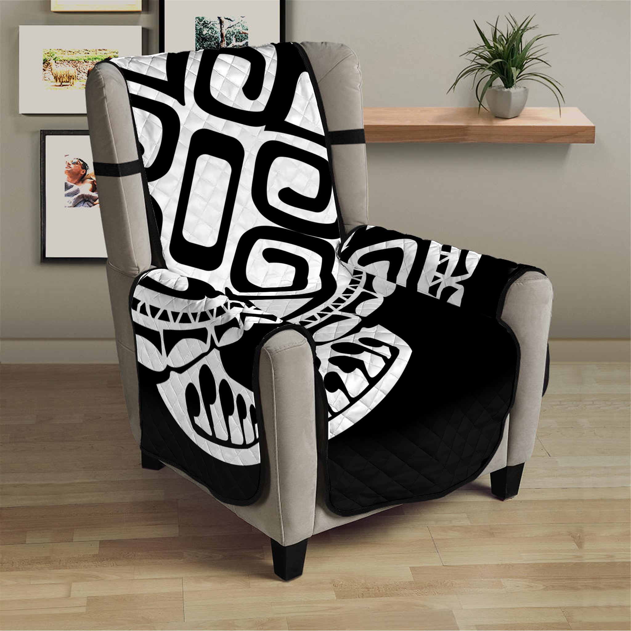 Black And White Maori Sea Turtle Print Armchair Protector