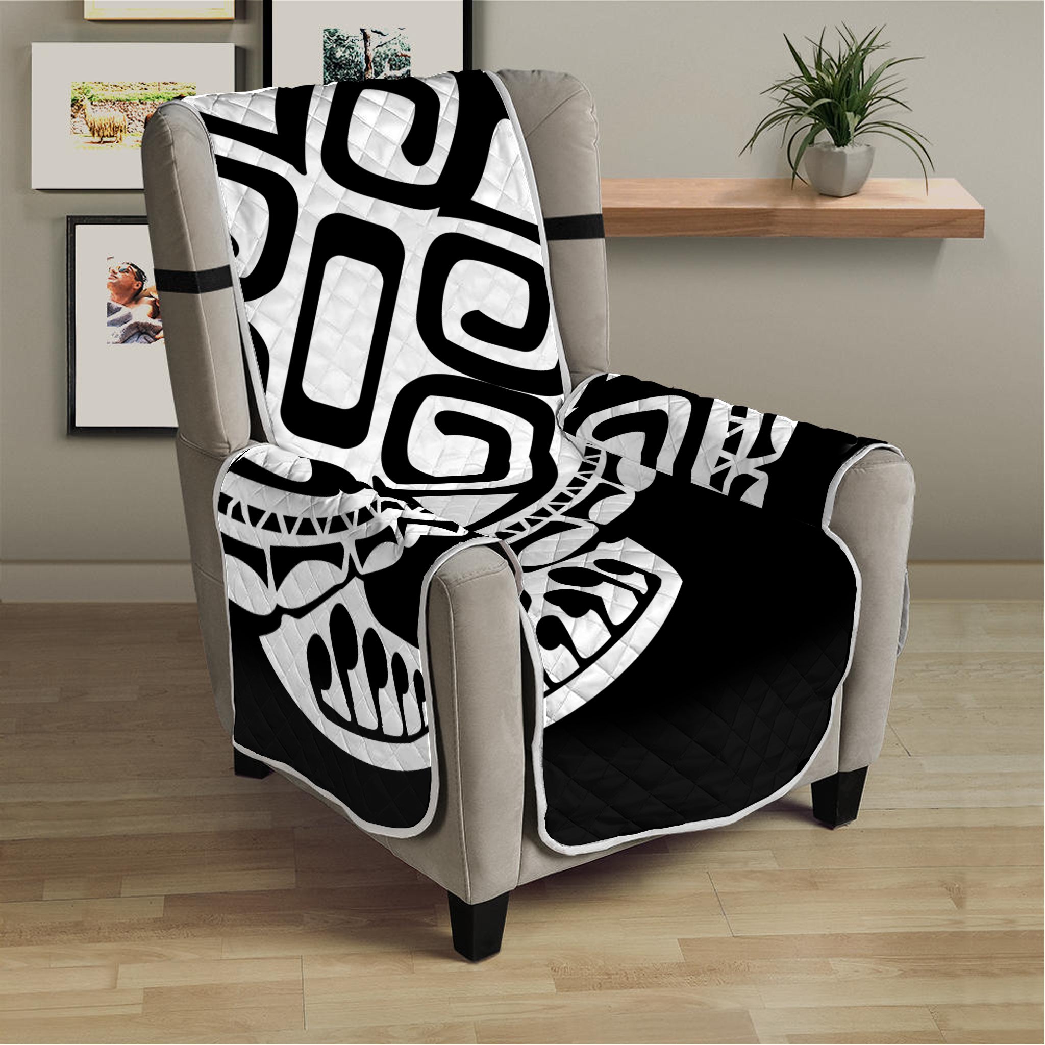 Black And White Maori Sea Turtle Print Armchair Protector