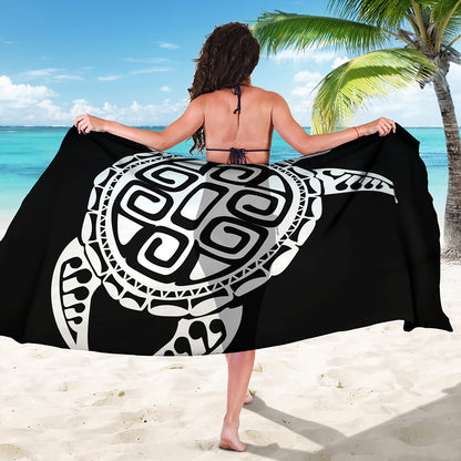 Black And White Maori Sea Turtle Print Beach Sarong Wrap