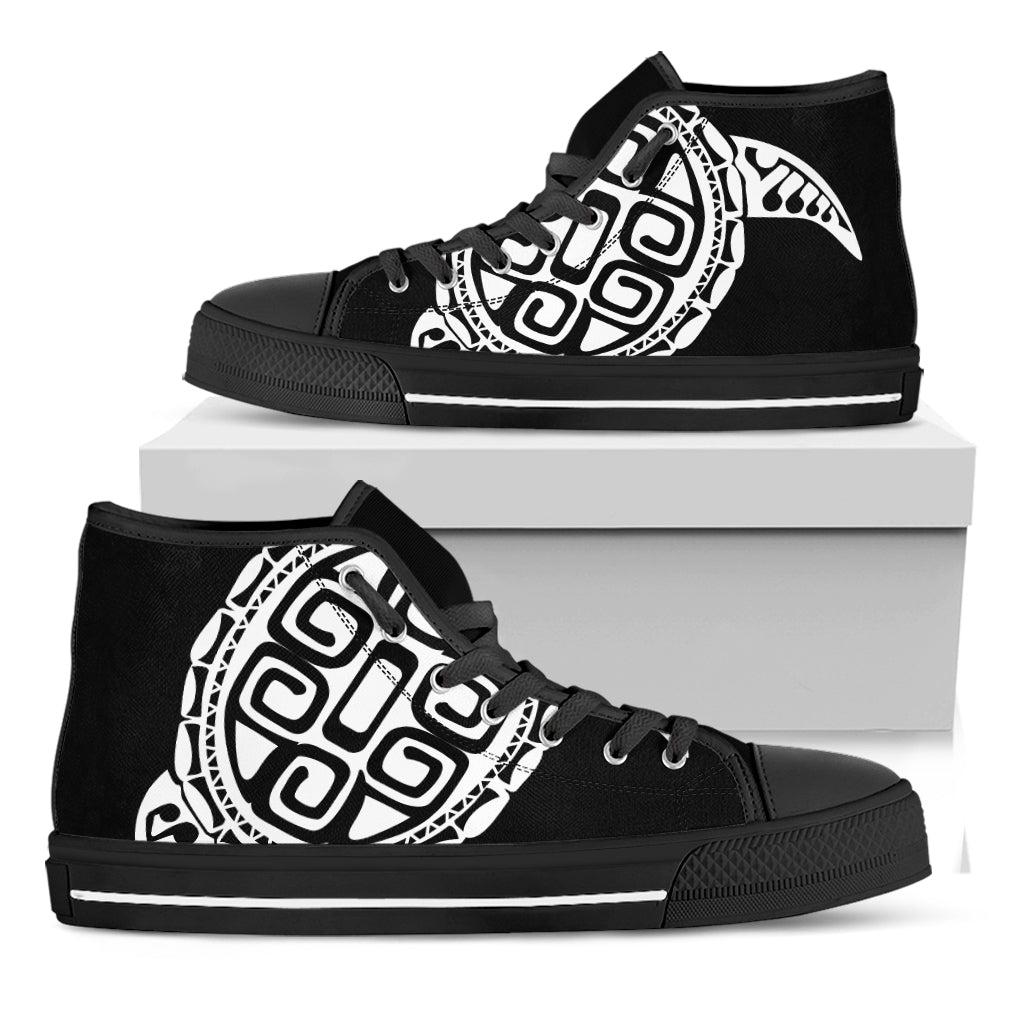 Black And White Maori Sea Turtle Print Black High Top Shoes