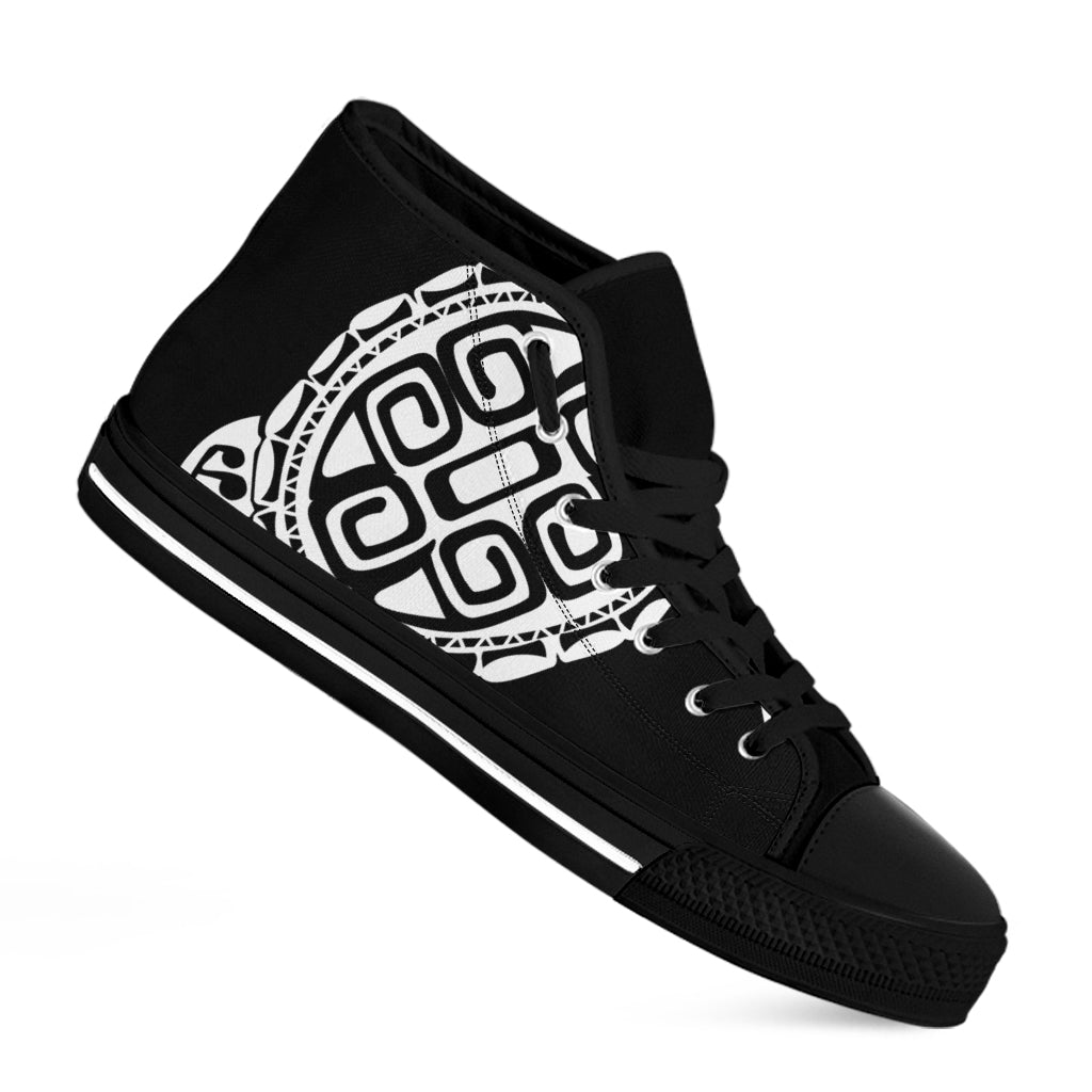 Black And White Maori Sea Turtle Print Black High Top Shoes