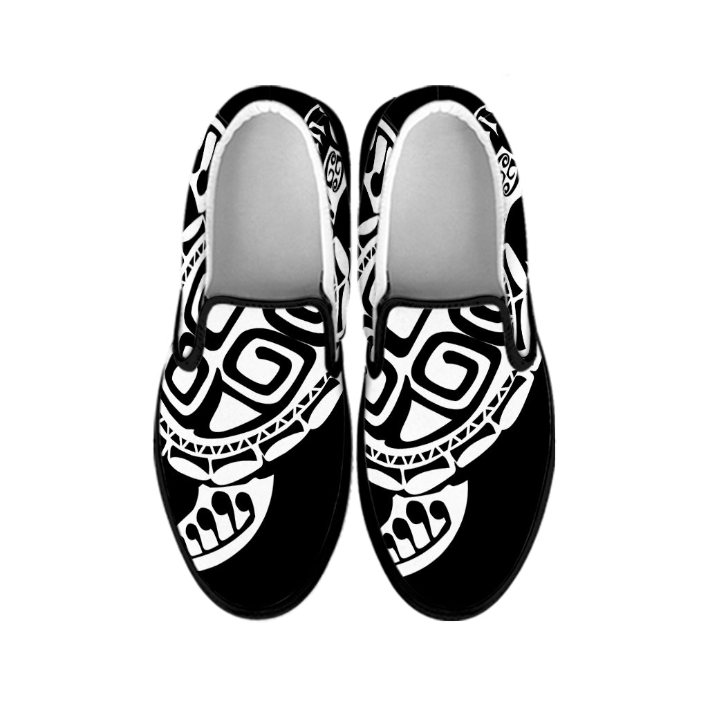 Black And White Maori Sea Turtle Print Black Slip On Shoes