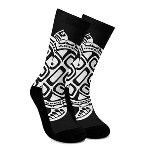 Black And White Maori Sea Turtle Print Crew Socks