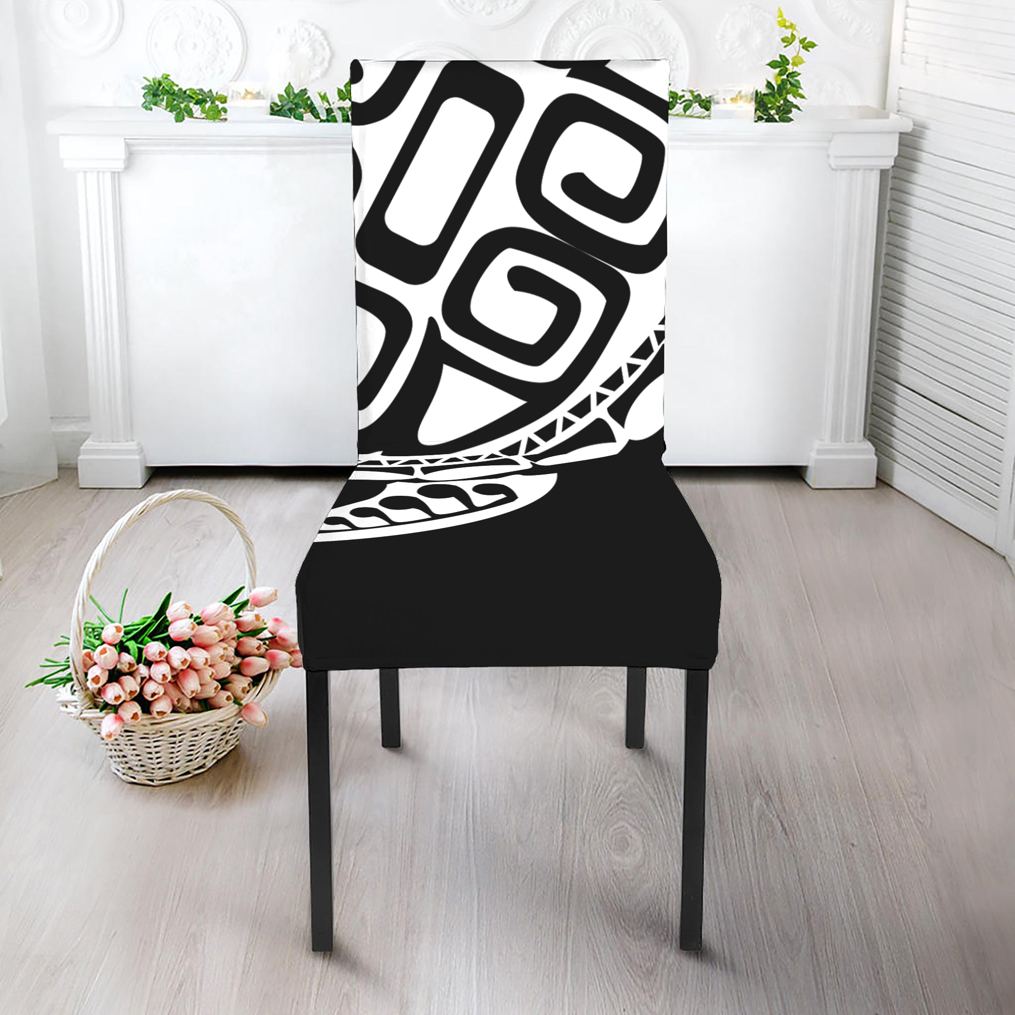 Black And White Maori Sea Turtle Print Dining Chair Slipcover