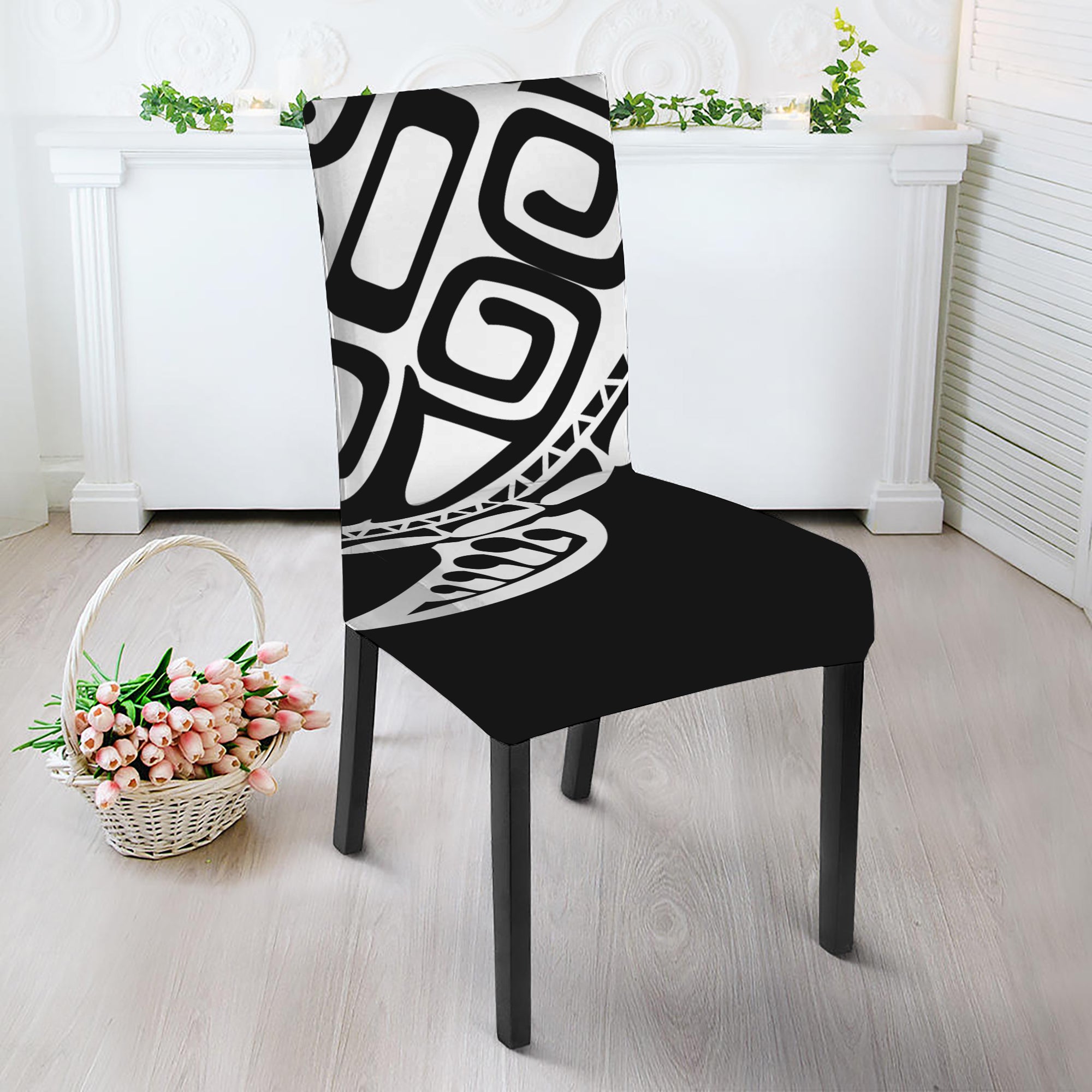 Black And White Maori Sea Turtle Print Dining Chair Slipcover