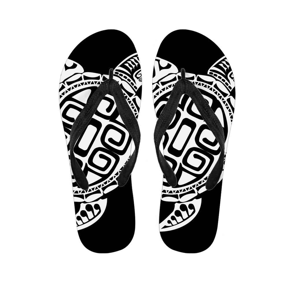 Black And White Maori Sea Turtle Print Flip Flops