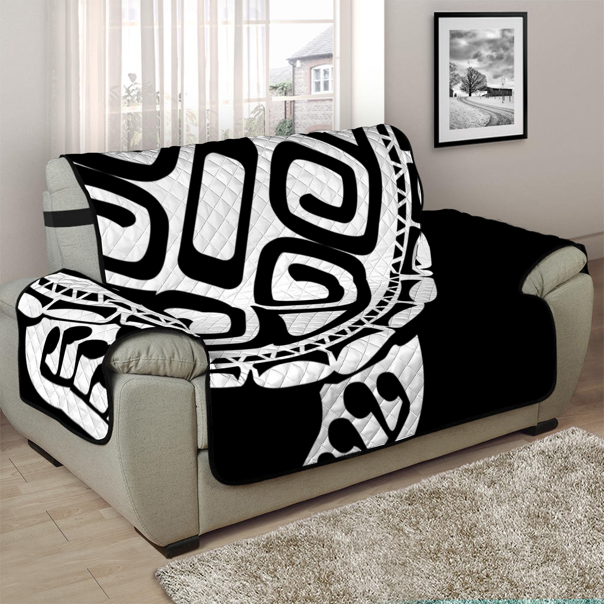 Black And White Maori Sea Turtle Print Half Sofa Protector