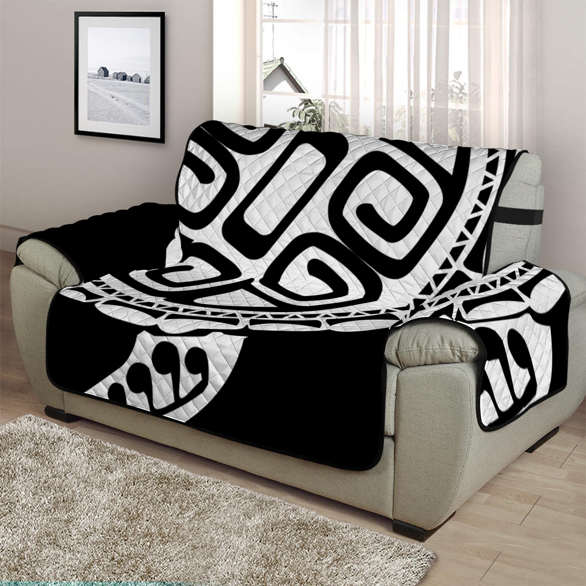 Black And White Maori Sea Turtle Print Half Sofa Protector