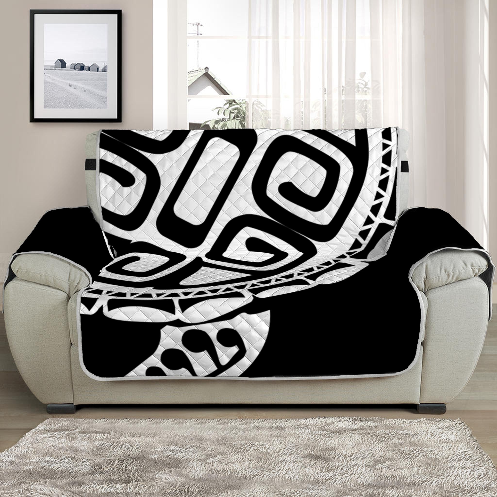 Black And White Maori Sea Turtle Print Half Sofa Protector