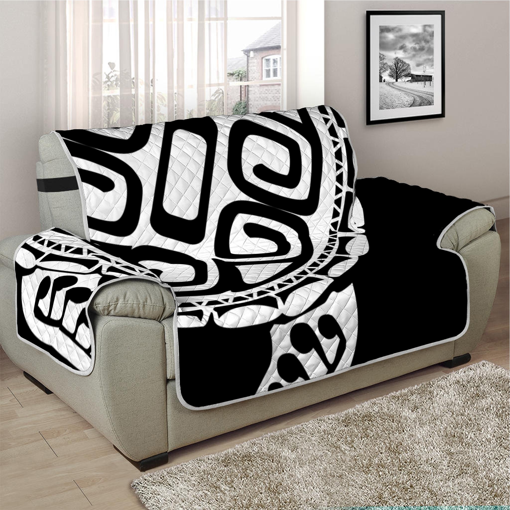 Black And White Maori Sea Turtle Print Half Sofa Protector