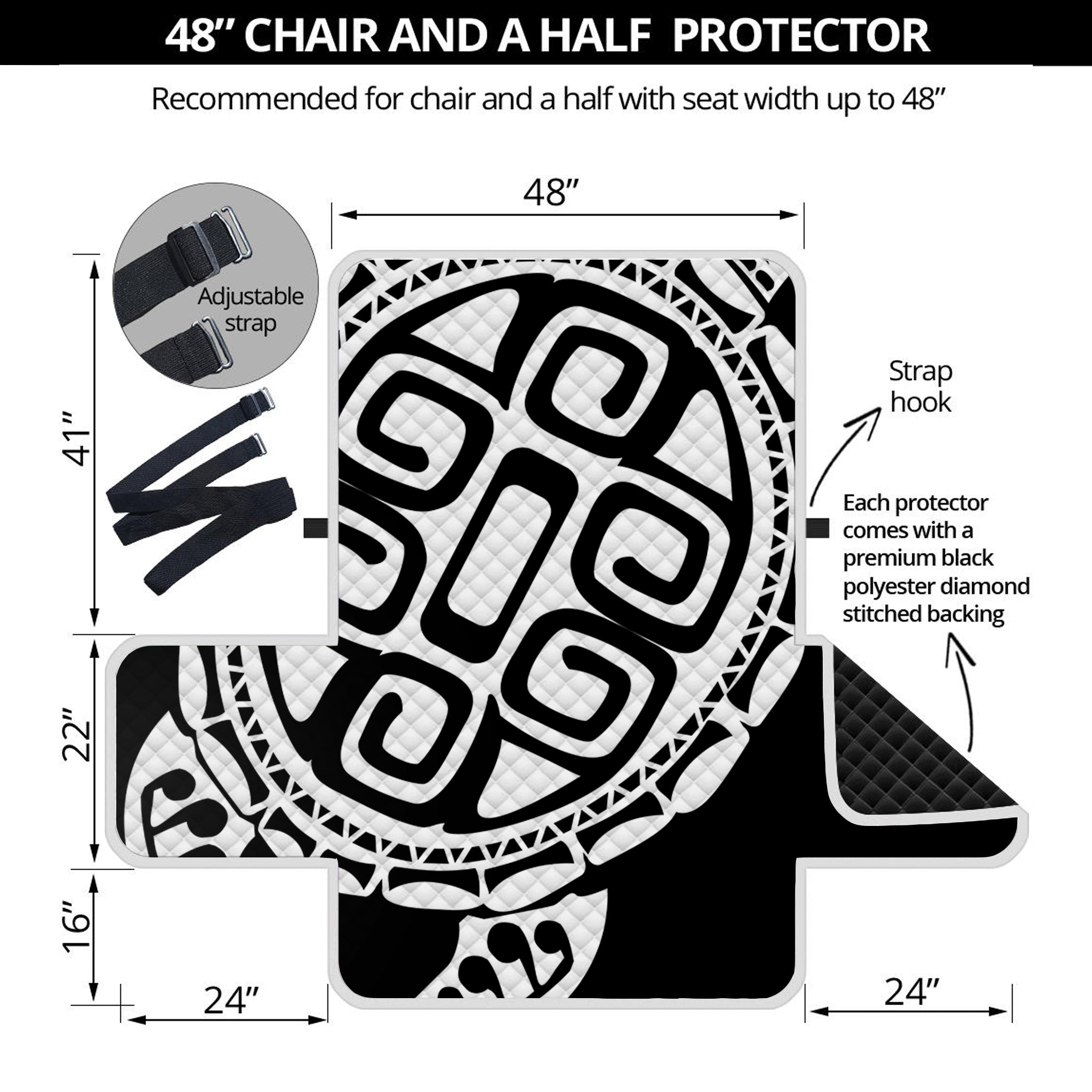 Black And White Maori Sea Turtle Print Half Sofa Protector