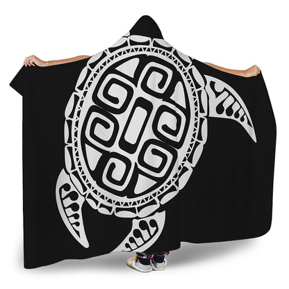 Black And White Maori Sea Turtle Print Hooded Blanket