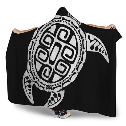 Black And White Maori Sea Turtle Print Hooded Blanket