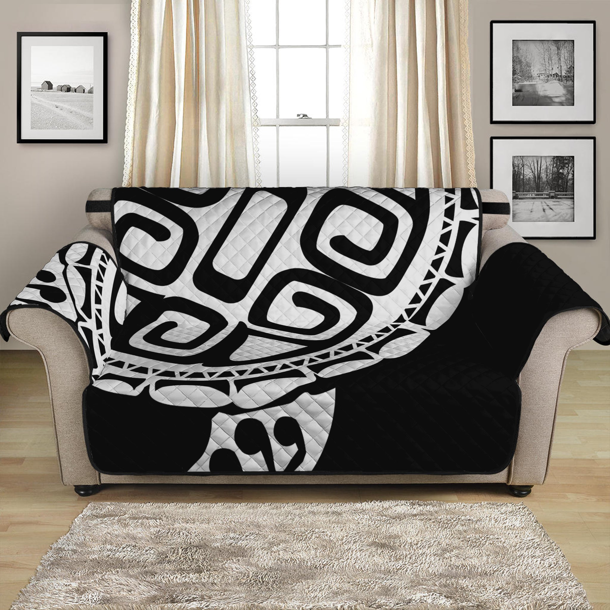 Black And White Maori Sea Turtle Print Loveseat Protector