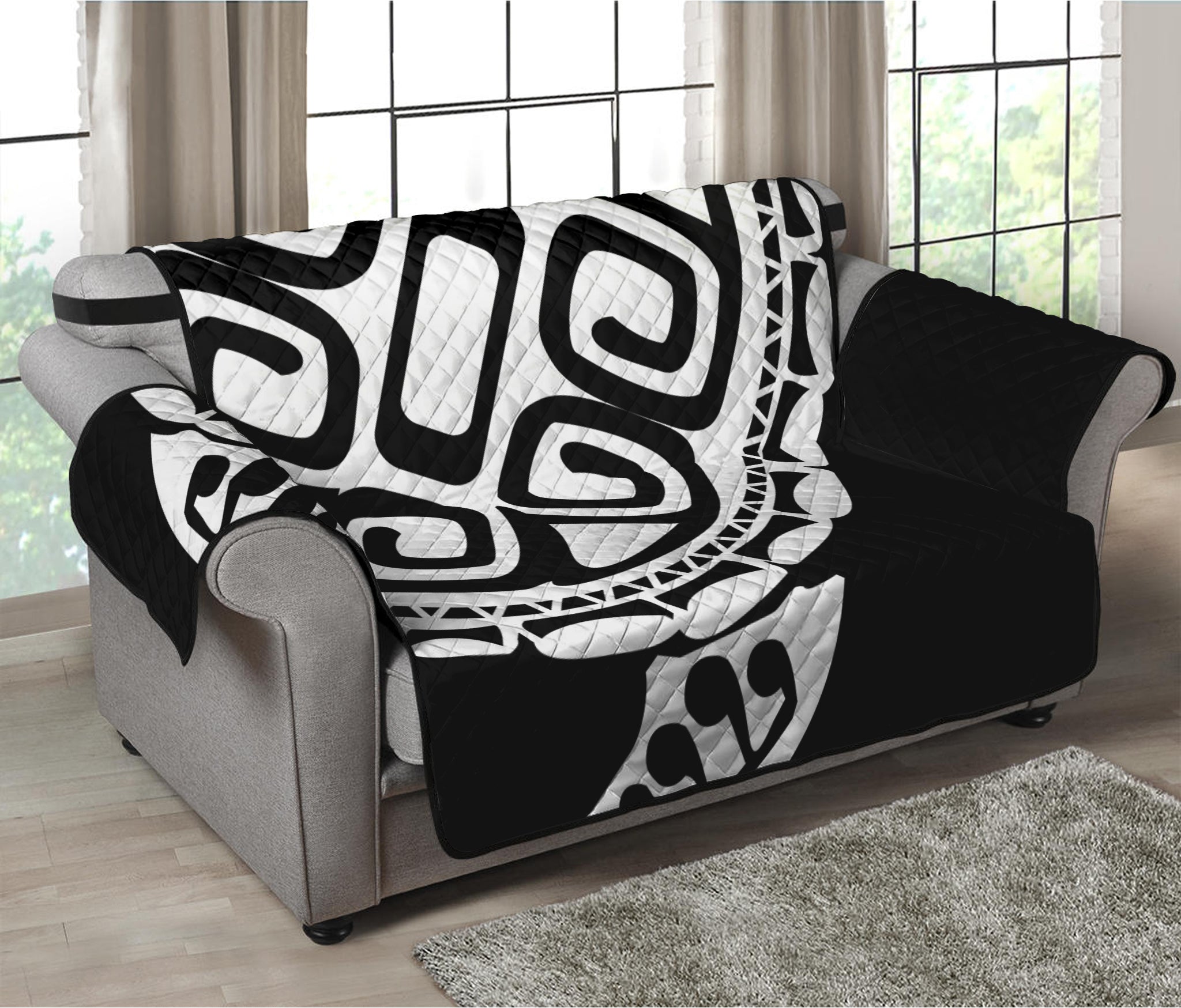 Black And White Maori Sea Turtle Print Loveseat Protector