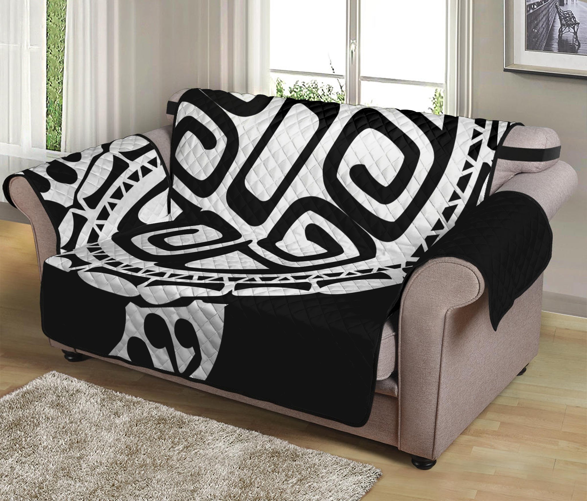 Black And White Maori Sea Turtle Print Loveseat Protector