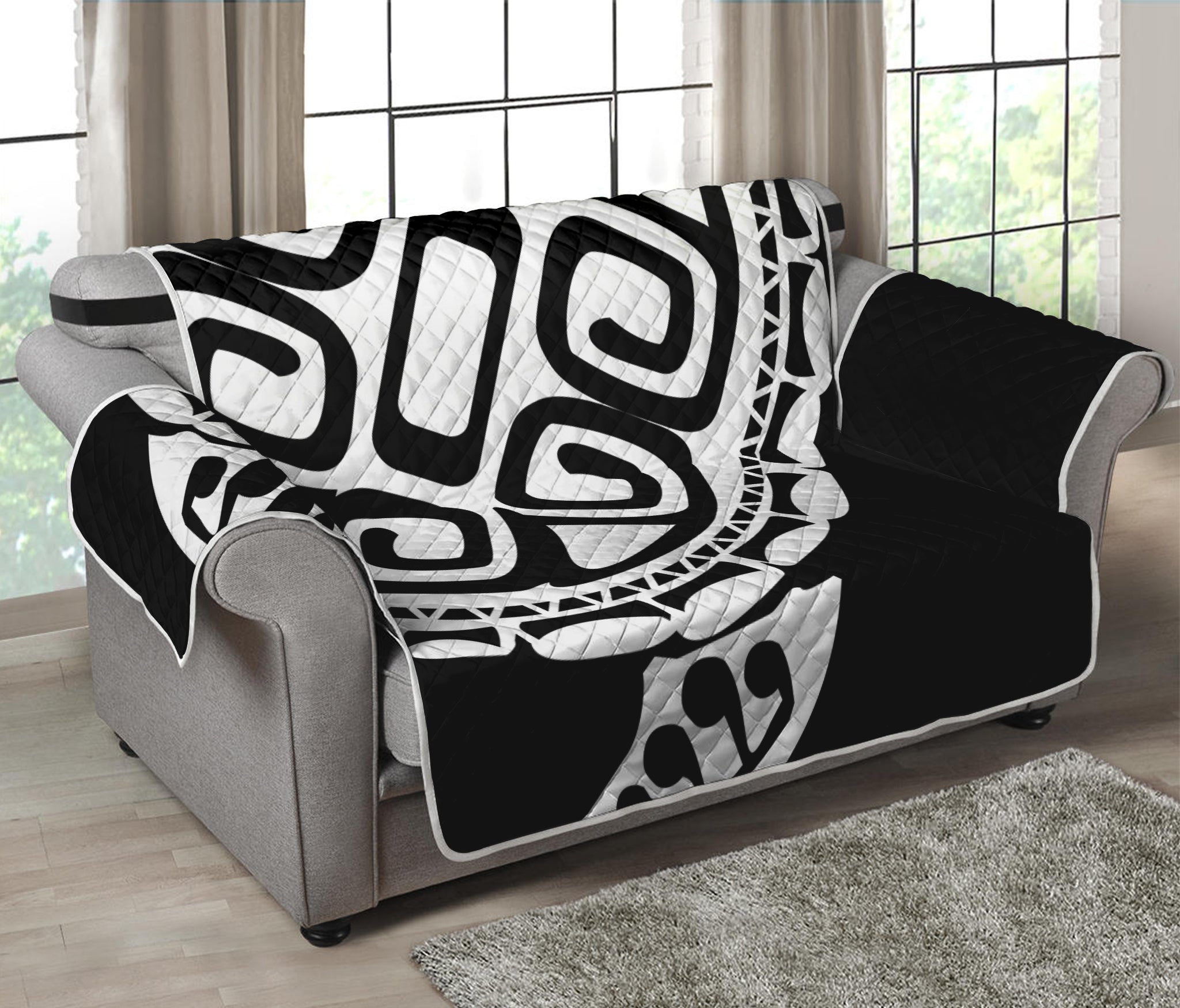 Black And White Maori Sea Turtle Print Loveseat Protector