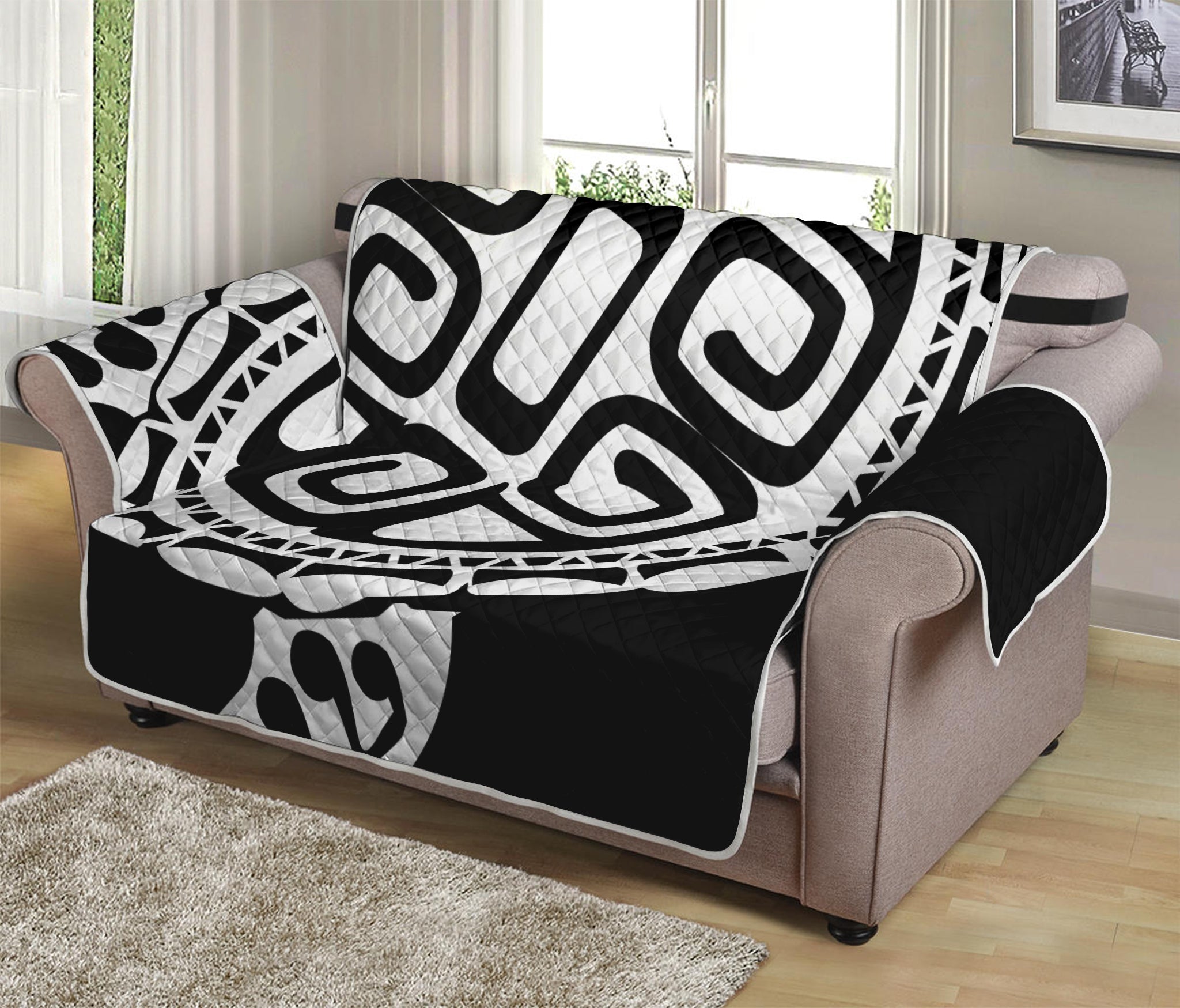 Black And White Maori Sea Turtle Print Loveseat Protector