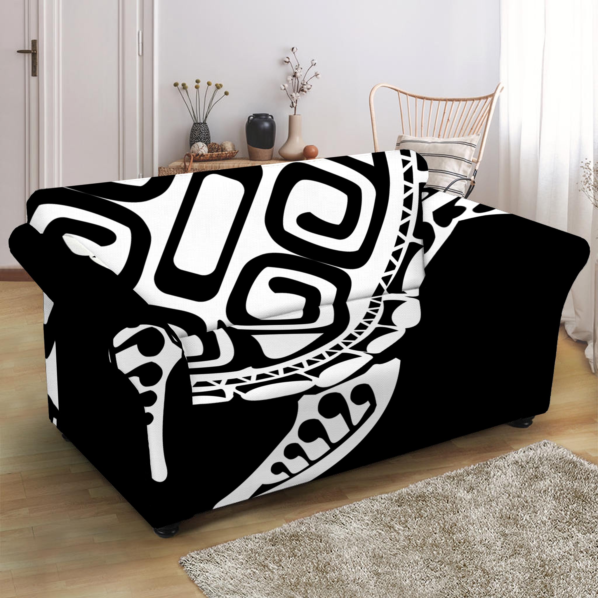 Black And White Maori Sea Turtle Print Loveseat Slipcover