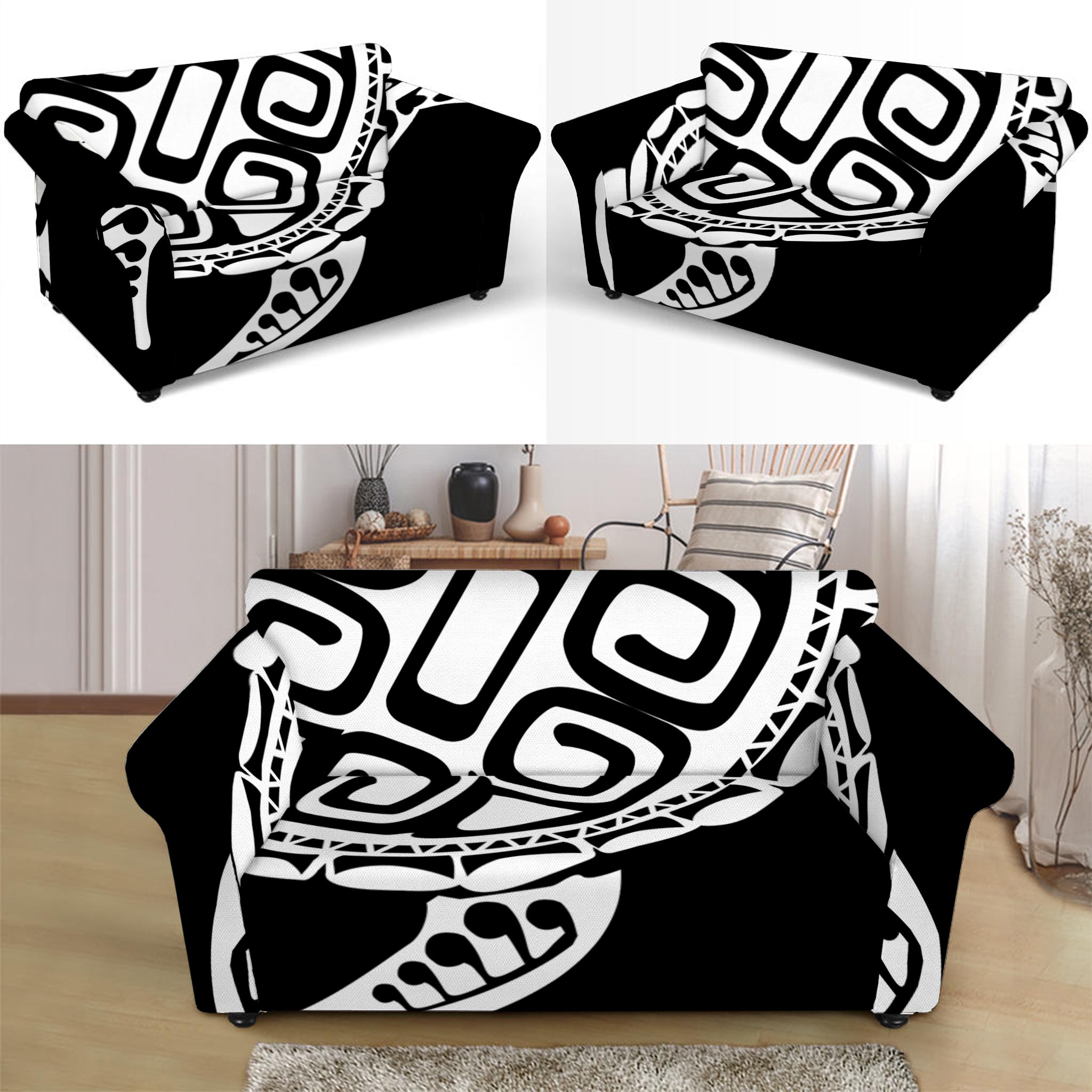 Black And White Maori Sea Turtle Print Loveseat Slipcover