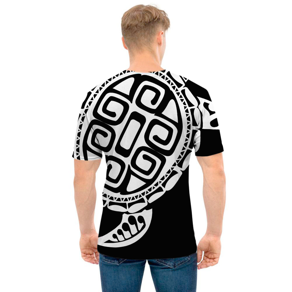 Black And White Maori Sea Turtle Print Men's T-Shirt