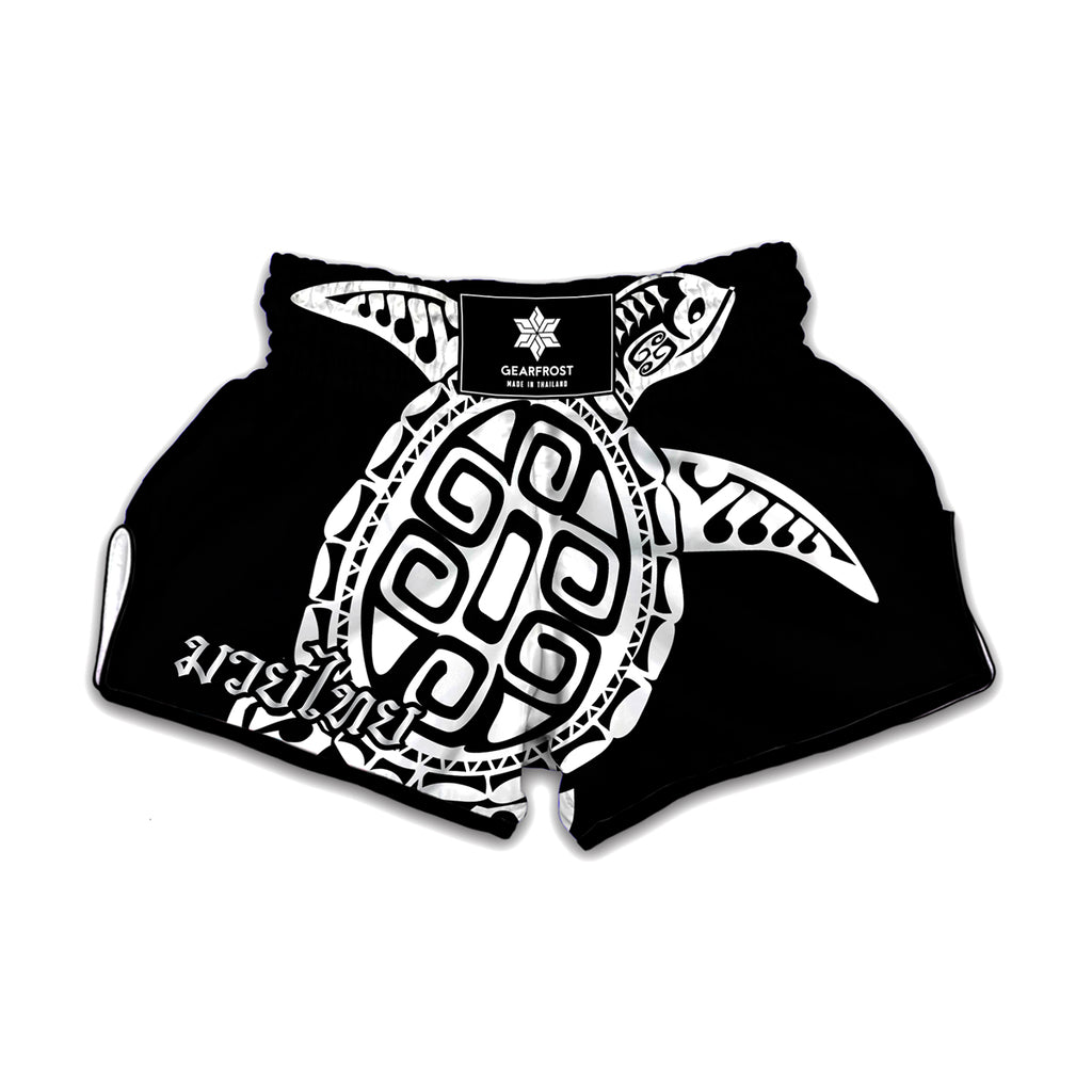 Black And White Maori Sea Turtle Print Muay Thai Boxing Shorts